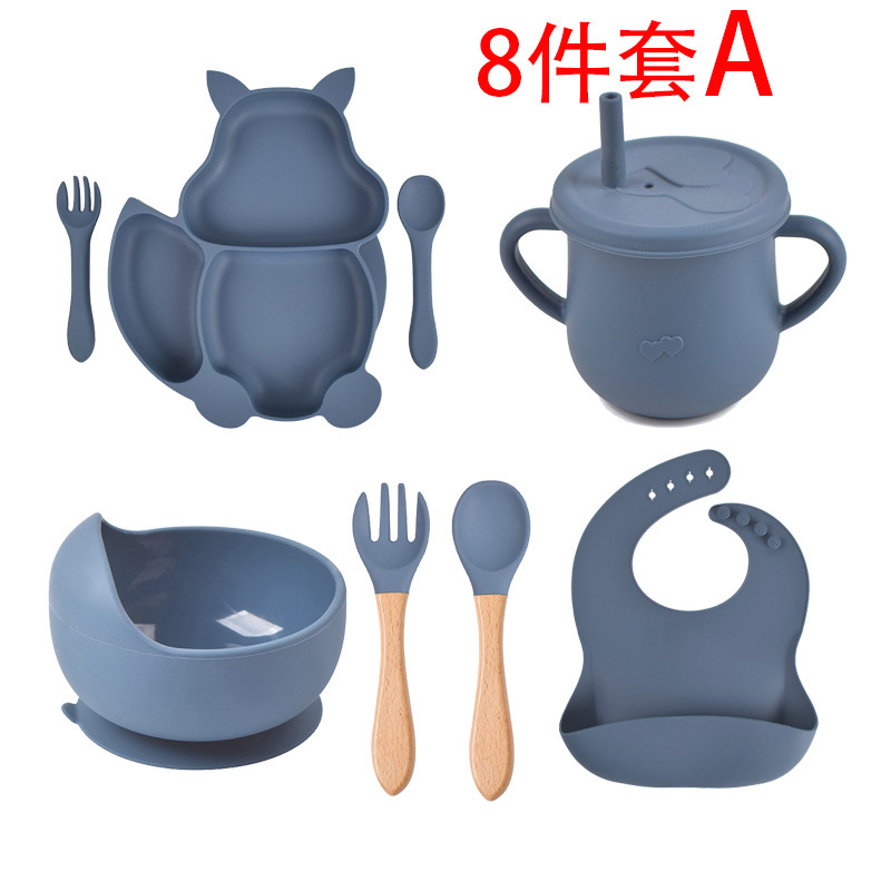 9-Piece Kidsren's Squirrel Compartment Silicone Tableware Set, Baby Silicone Food Supplement Set, Kidsren's Silicone Dinner Plate