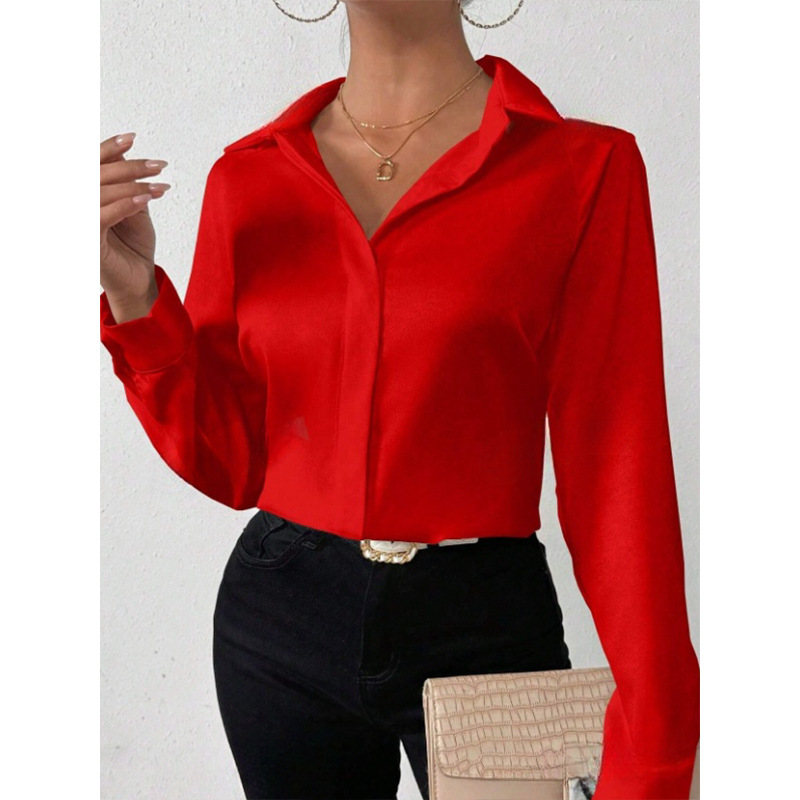 Camisa satinada de mujer europea y americana transfronteriza, camisa de manga larga de seda de imitación de satén para mujer, comercio exterior europeo y americano, ropa de mujer transfronteriza