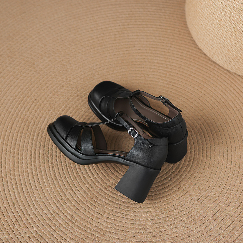 Sandal nữ cao gót phong cách La Mã, mũi kín gót kín, đế dày da bò, gót 7 cm — đen chi tiết 23