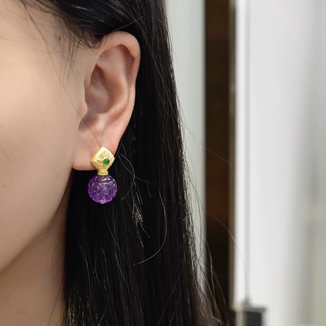  organically carved earrings with amethyst, silver 925 sample, simple and elegant design