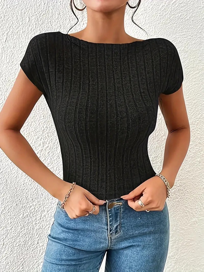 new sexy slim backless short top wide striped fleece short-sleeved T-shirt for women_senzul.com