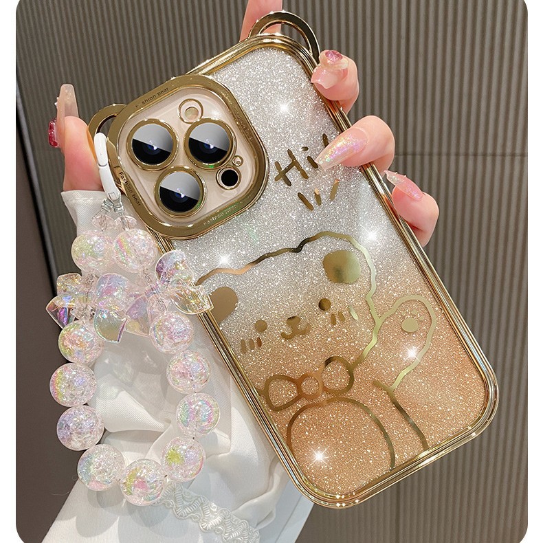 Bear de dibujos animados de brillo degradado para iPhone16promax Bear 15Promax Apple 14 funda para teléfono móvil 13