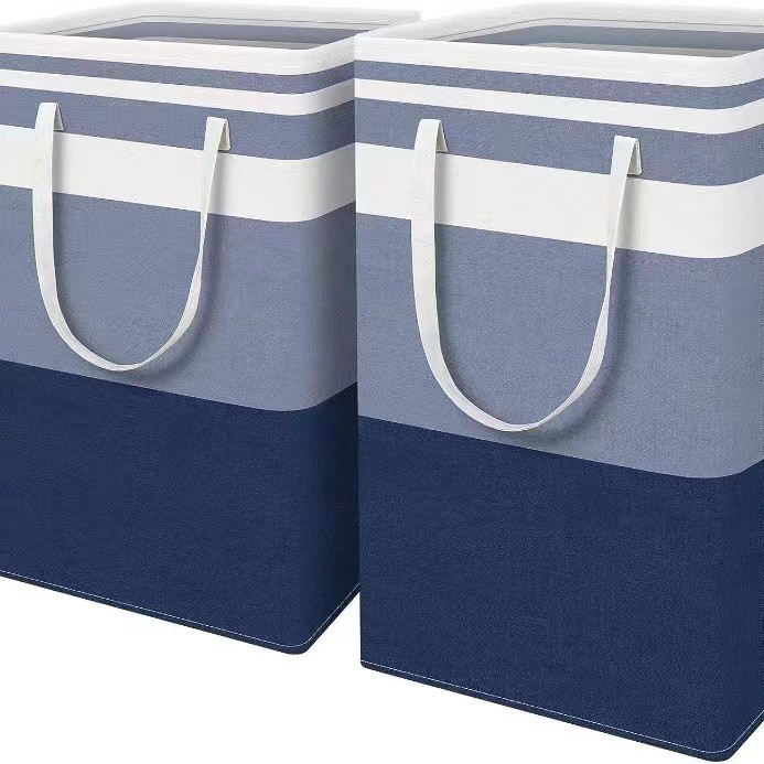 Bolsa de almacenamiento de tela de Amazon transfronteriza cesta de almacenamiento de tela cesta de lavandería plegable a rayas ropa sucia edredón de algodón en movimiento