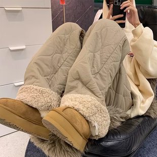 Cold-Proof Casual Lamb Thermal Pants for Men and Women in Winter Trendy Loose Gourd Pattern Waterproof Straight Pants Fleece-Lined Ski Cotton Pants