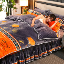 新款秋冬加厚金貂绒印花四件套床裙款法兰绒牛奶绒三件套床盖批发