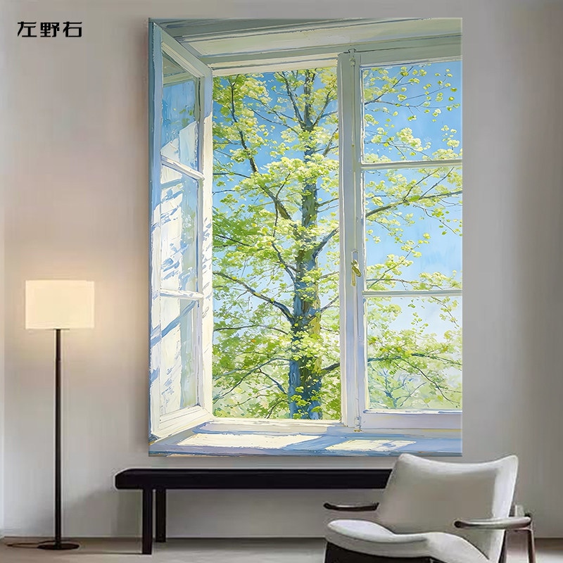 Relaxing Green Window Scenery Decorative Painting, Hand-Painted Oil Painting for Living Room, Modern Wall Art for Bedroom, Entryway, and Sofa Wall