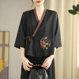 实拍新国风中式改良汉服重工刺绣斜襟上衣女唐装茶艺服开襟小衫