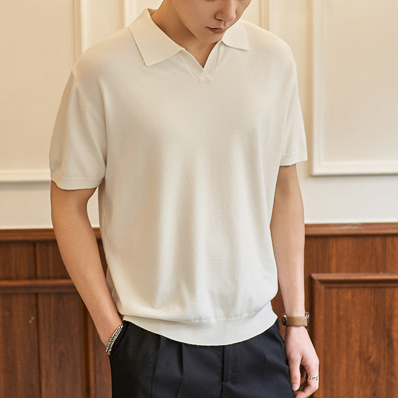 ZF8120-MW简约高智感老钱风短款海鸥领美式休闲针织短袖T恤，男装针织衫/毛衣，星座614