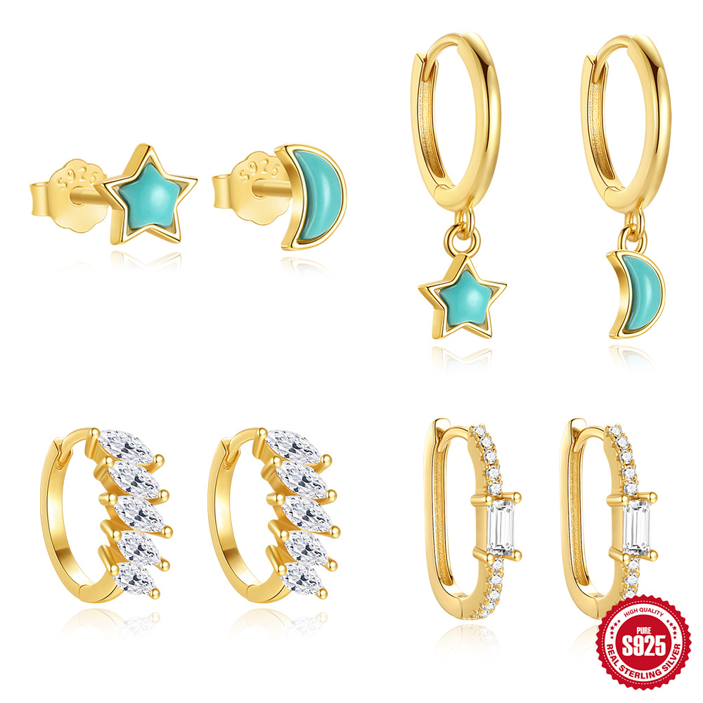 Pendientes rectangulares de circón de plata de ley s925 nuevos pendientes de mezcla y combinación de luna en forma de estrella Pendientes personalizados de turquesa sin colisión