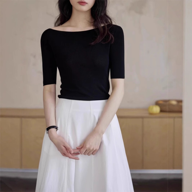 French Clavicle Collar Collar Ice Silk Knitted Sweater Women's Summer Thin Black Slim-fit Slimming Half-sleeve Top