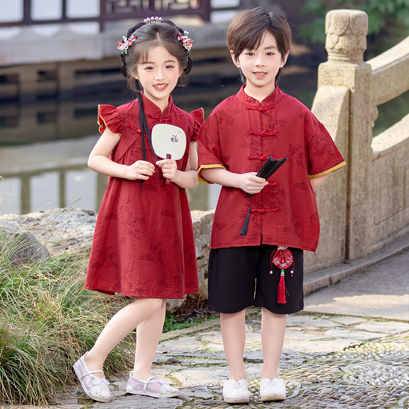 Chinese Style Han Dynasty Suit Summer Kidsren's Tang Suit Girls Dress New Chinoiserie Boys Short-Sleeved Shirt Two-Piece Set