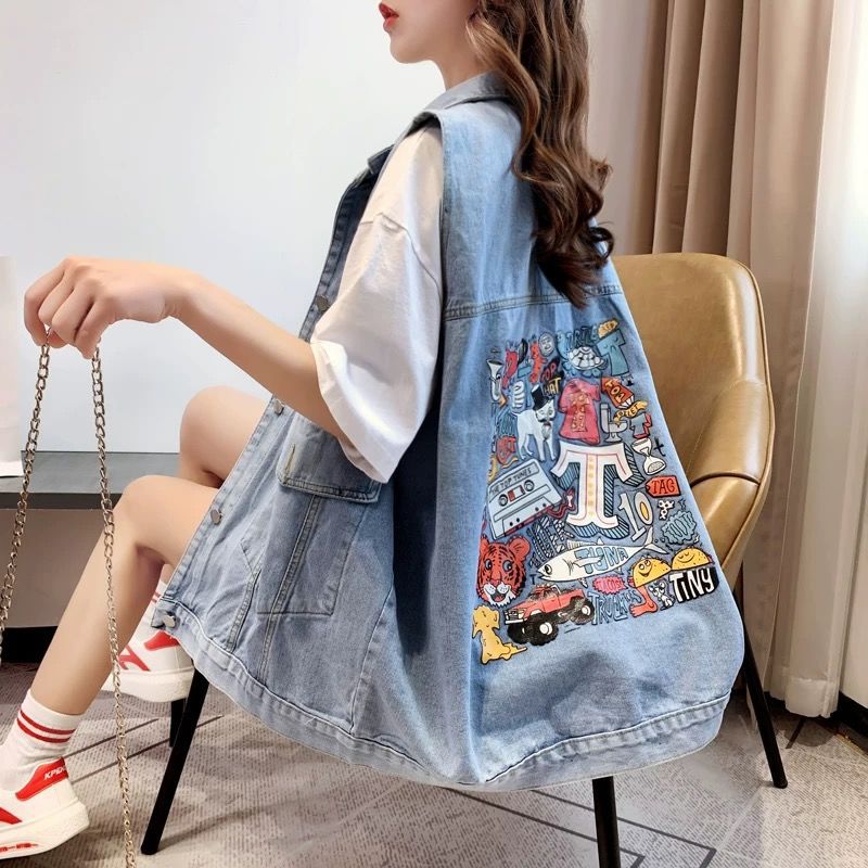 Export Export Denim Vest for Women, Loose Fit, 2025 Spring, Summer, Autumn New Style, Korean Version, Printed, Plus Size Denim Vest for Women