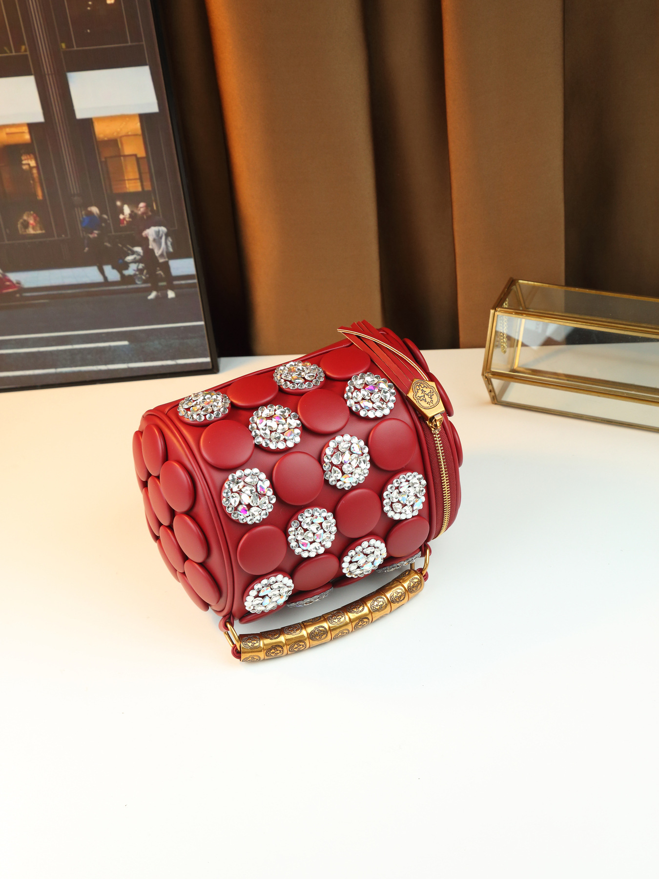 Damen Handtasche Im Retro Stil Mit Punkten Und Strassbesatz_voghion.com