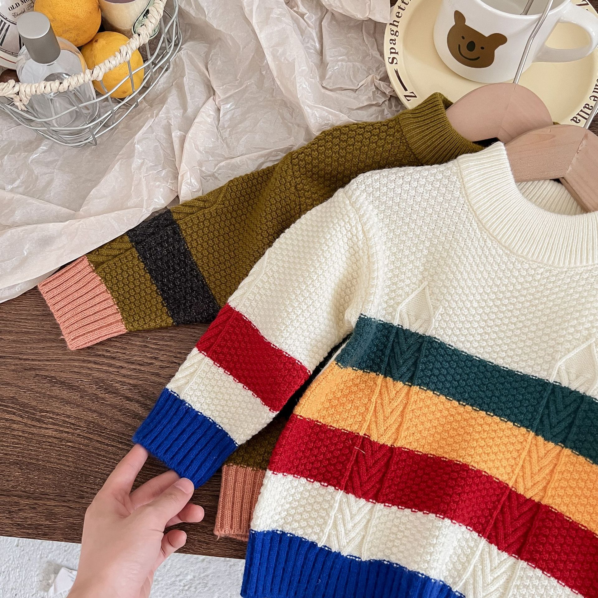 Kinder Rundhals Strickjacke Für Jungen Und Mädchen Gestreift_voghion.com