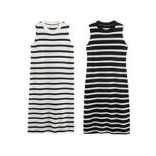 外贸批发2025新款欧美女装时尚条纹撞色磨破针织无袖背心连衣裙
