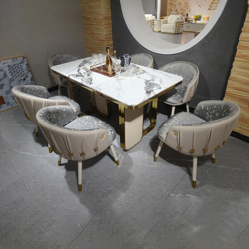 Light Luxury Slate Dining Table and Chairs, High-End Villa Marble Dining Table, Home-Use Stainless Steel Gold-Plated Frame Dining Room Furniture Light Luxury Slate Dining Table and Chairs, High-End Villa Marble Dining Table, Home-Use Stainless Steel Gold-Plated Frame Dining Room Furniture