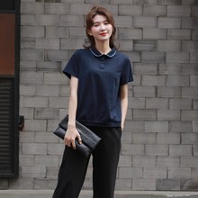 YUN韫女士纯棉短袖韩版娃娃领纯色POLO上衣2024夏季显瘦设计感T恤
