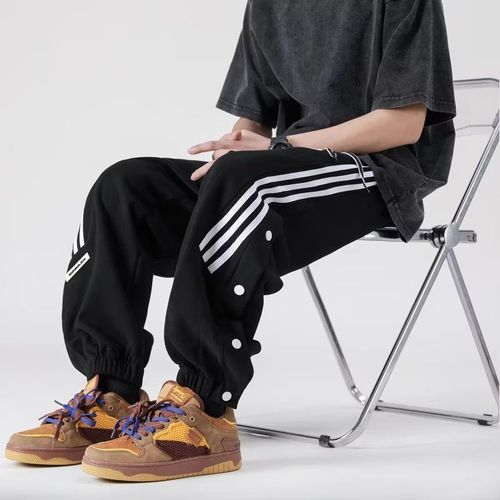 Workwear Pants for Men, American Style Summer Side Striped Buttoned Tapered Sports Pants for Men, Loose Trend Brand High Street Casual Sweatpants
