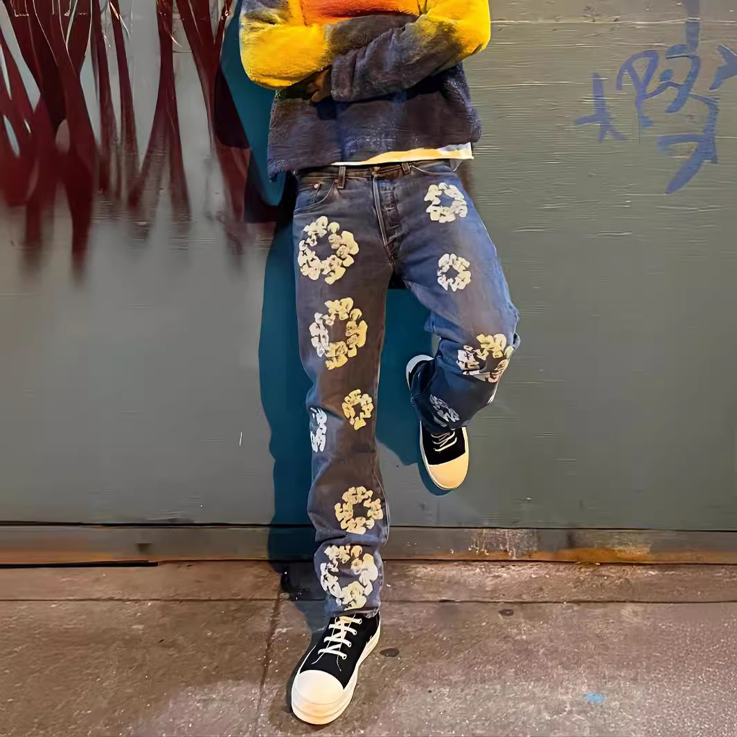 Estilo de celebridad transfronteriza otoño e invierno europeo y americano ins bolsillo lavado pantalones impresos jeans rectos sueltos para hombres