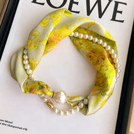 珍珠项链磁吸扣窄小丝巾女春秋夏季护颈围脖子搭配衬衫纱巾薄围巾