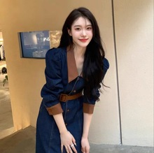 复古单排扣收腰牛仔长裙大码女装秋冬季新款法式气质显瘦连衣裙子