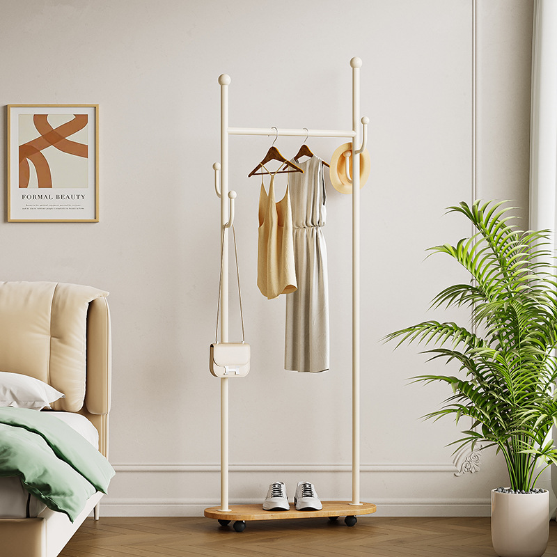 Cream Style Simple Floor Coat Rack Household Bedroom Hanger Mobile Storage Clothes Rack Multifunctional Storage Rack