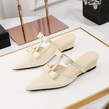599-26 pointed sandals for women wearing French style wedge heels, versatile bows, empty toe caps, half drag hollow sandals