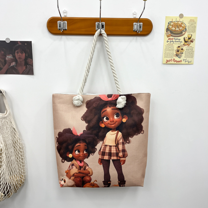 国境を越えた卸売女性のプリントハンドヘルドトートバッグ軽量厚いロープショルダーバッグファッション文学多用途ビーチバッグ|undefined