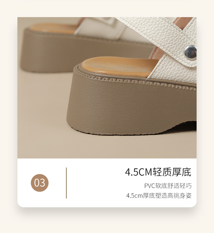 Sandal bít mũi đế dày phong cách La Mã nữ, quai chữ V — AB16N be đen chi tiết 11