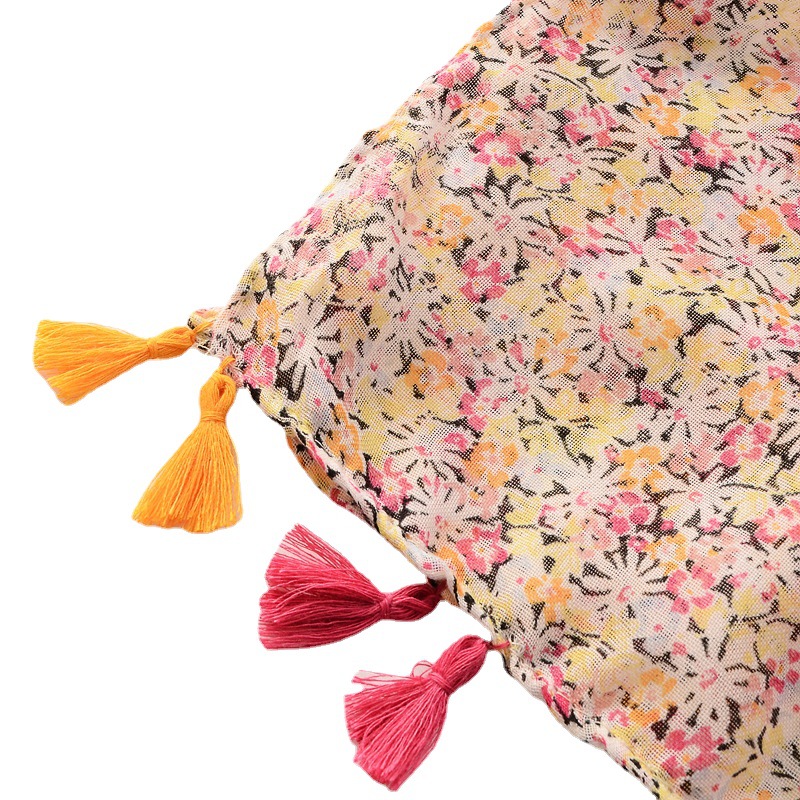 2022 estilo coreano Venta caliente elegante dulce floral impreso algodón y lino sensación bufanda de seda artística mantón viaje foto Decoración