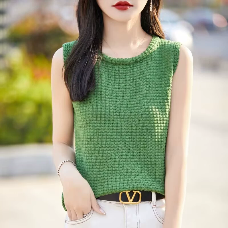 Летняя новая корейская хлопковая марлевая круглая горловина, вязаный топ без рукавов для женщин, однотонный