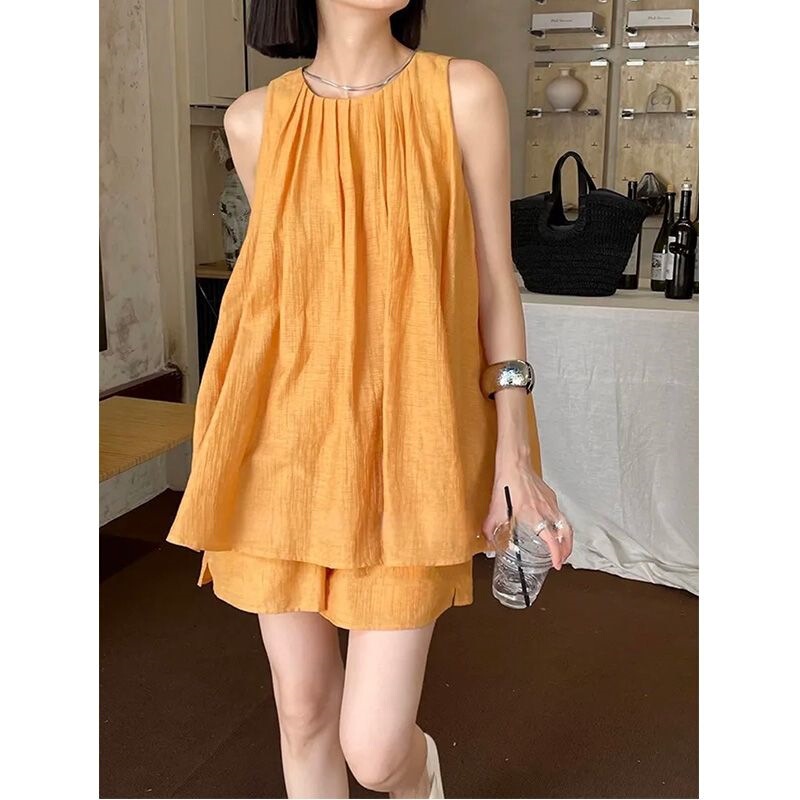 Single/Bundle Summer New Cotton Linen Vest Top Vintage Artistic Thin Shorts Design Women's Two-Piece Set