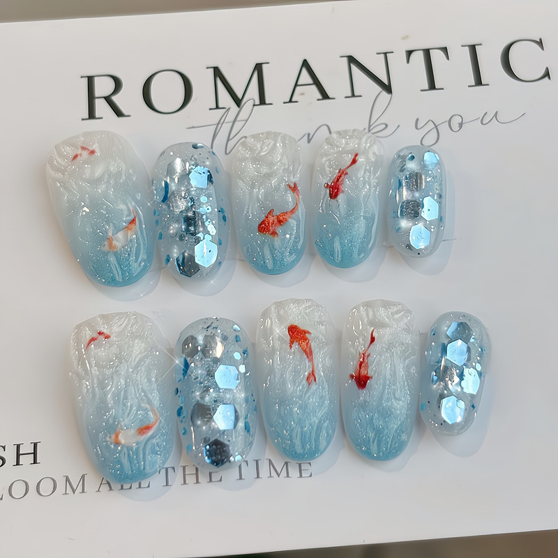 【Ling Luo Original】Handmade Summer-Inspired Ins-Style Ice Blue Gradient Koi Cat Eye Brightening Nails Wholesale 【Ling Luo Original】Handmade Summer-Inspired Ins-Style Ice Blue Gradient Koi Cat Eye Brightening Nails Wholesale