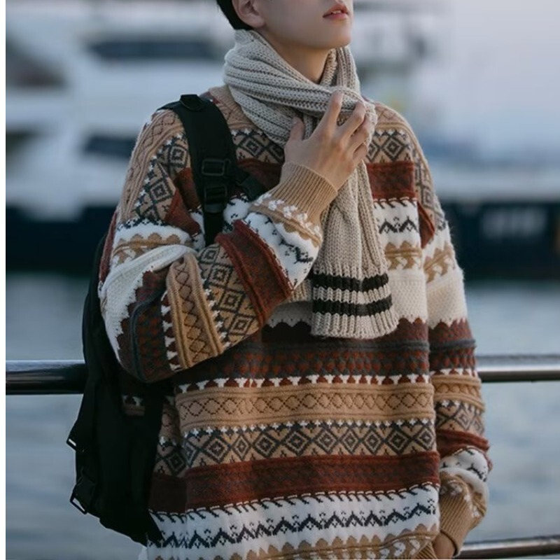 Christmas Sweater Men's 2023 Autumn and Winter Round Neck Japanese Style Retro Striped Knit Lazy Loose plus size Jacket