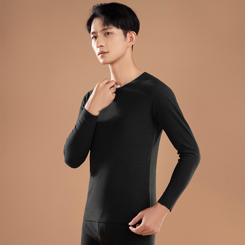 2023 traje de ropa interior térmica para hombres cuello redondo color sólido que basa la ropa interior térmica delgada de terciopelo de doble cara para hombres Calzoncillos largos