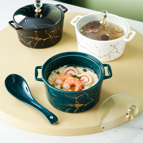 Nordic gold pattern ceramic small stew pot, round household bird's nest cup, double-ear water-proof stew pot with glass lid stew bowl