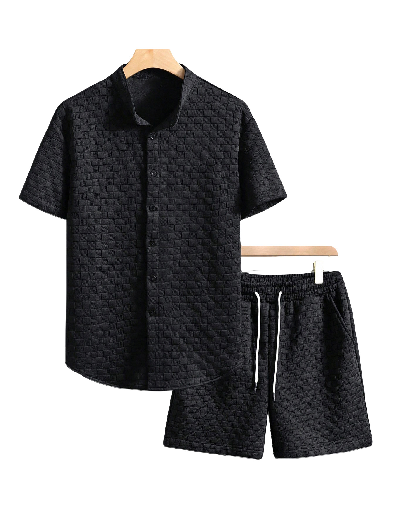 Herren Waffle Revers Kurzarm T-shirt Und Shorts Set Freizeit_voghion.com