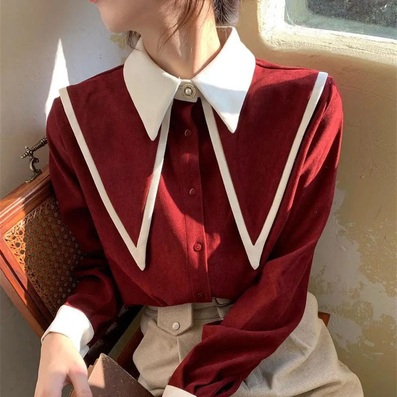 Long-Sleeved Shirt, New Spring and Autumn Korean Style, College Style, Color-Blocked Lapel, Fashionable, Stylish, Loose-Fitting, Slimming, Thin Top for Women Long-Sleeved Shirt, New Spring and Autumn Korean Style, College Style, Color-Blocked Lapel, Fashionable, Stylish, Loose-Fitting, Slimming, Thin Top for Women