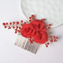 跨境专供手工珍珠发梳侧梳婚礼新娘头饰红色花朵镶钻唯美发梳批发