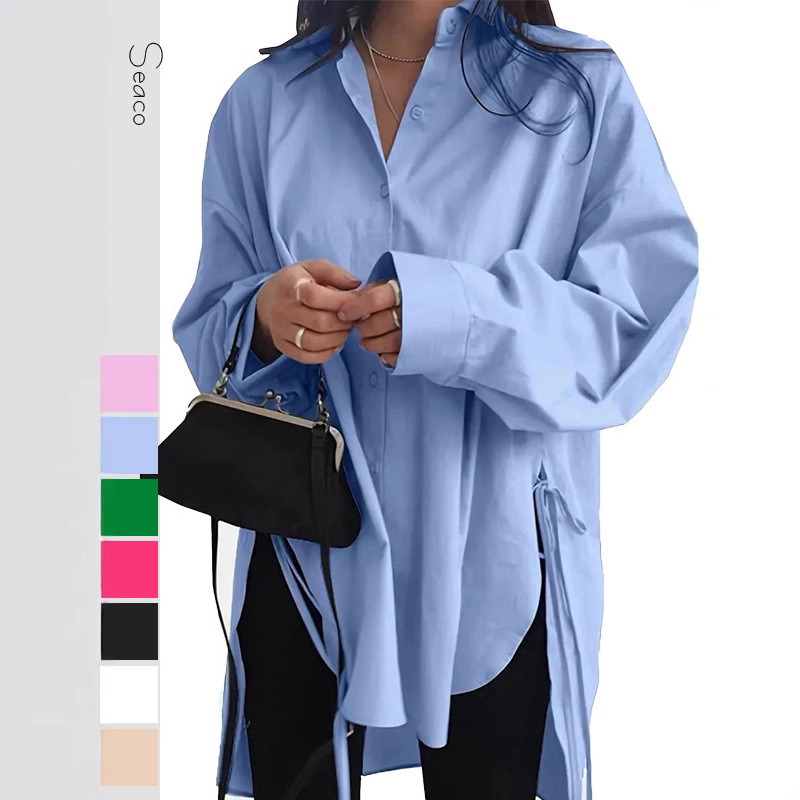 European and American Export Women's Clothing Amazon Aliexpress New Women's Early Autumn Loose Short Front and Long Back Lace-Up Slim Shirt