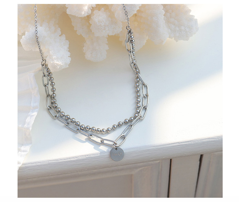 15g Weight No Inlaid Inlay Material Titanium Steel Material Printing Pattern Women'S Gender Gold, Silver Color Lucky Round Brand Double Layer Necklace, Bracelet Set Round Beads Necklace Clavicle Chain Titanium Steel 18k Gold Plating P853-e184 11