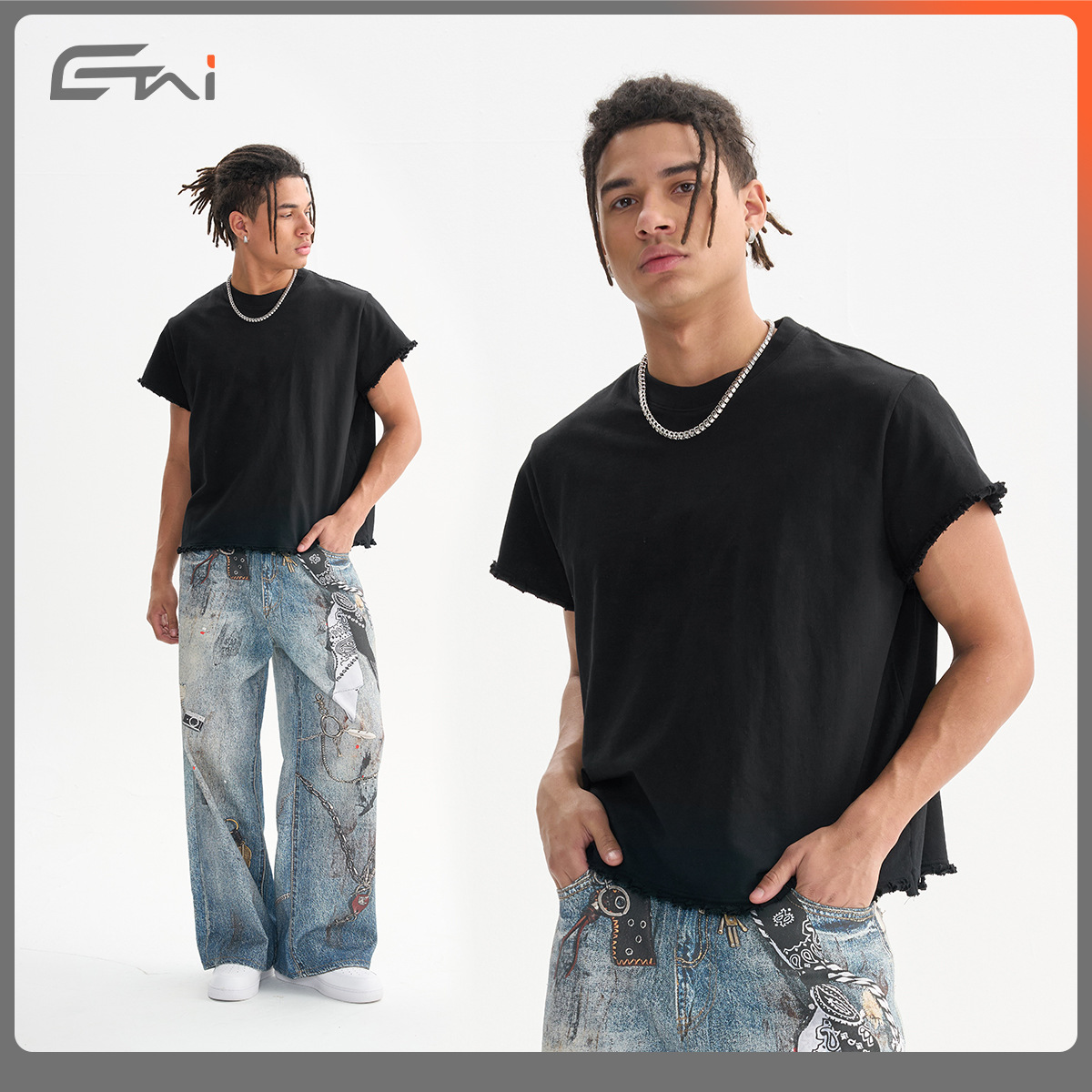 ETAI Hombre| Verano nuevo borde suelto algodón twill boxy camiseta corta ancha marca de moda masculina cuello redondo transfronterizo de color sólido manga corta