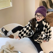 韓版女童棋盤格加絨外套2022冬裝新款寶寶洋氣加厚毛毛衣兒童保暖