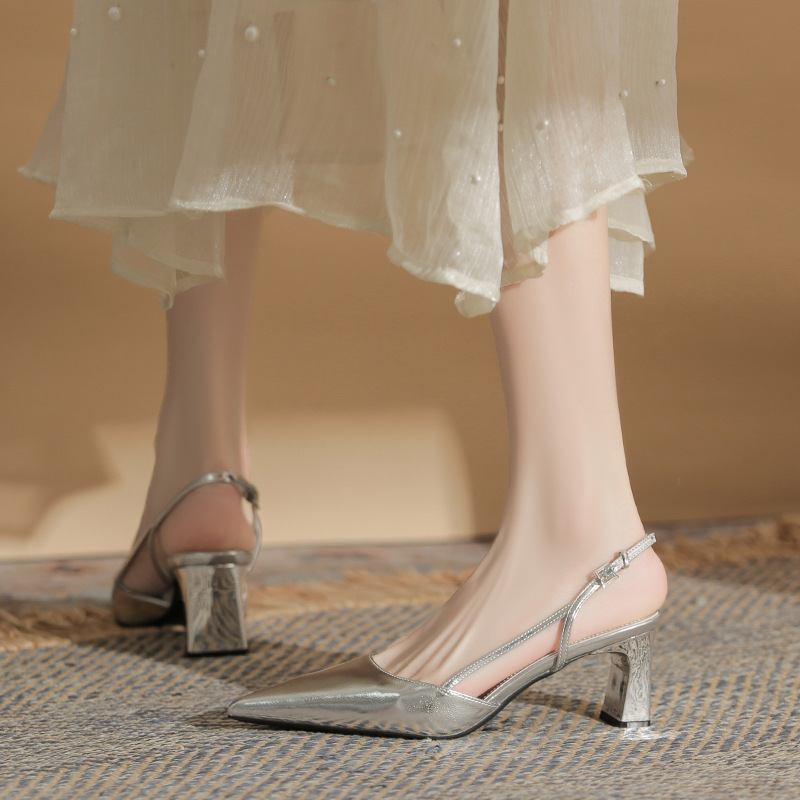 2025 French-Style Silver Pointed-Toe Elegant High-End High-Heeled Shoes for Women, New Summer Closed-Toe Sandals with Open Back