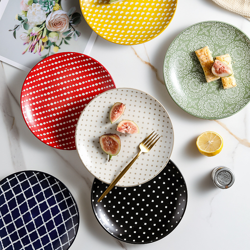 跨境8寸個性日式餐具西餐盤創意陶瓷盤子家用菜盤圓形牛排盤餐盤