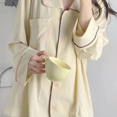 Ins-style elegant women's summer long-sleeve pajama set 2024 new thin simple home wear pants two-piece set