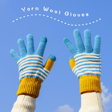 韩版大学生针织毛线保暖手套女冬季防寒加厚加长撞色漏指触屏五指