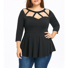 欧美胖妹妹上衣 时尚性感七分袖女装镂空大码女孩套头纯色T恤