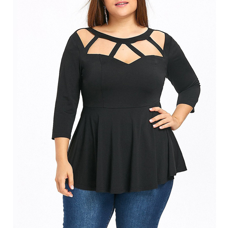 欧美胖妹妹上衣 时尚性感七分袖女装镂空大码女孩套头纯色T恤