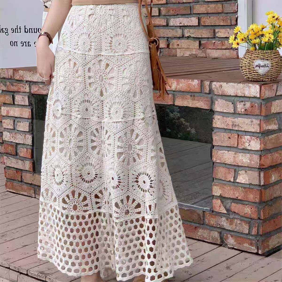 Ethnic-style Hollow-out Crochet Knitted Skirt Bohemian Vacation-style Large-swing A- line Dress Beach Long Skirt